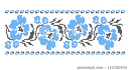Ukrainian beaded floral pattern with blue flowers 133782934