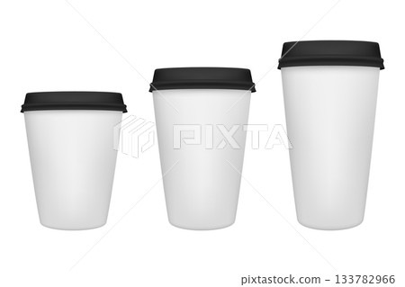 Paper Coffee Cup Set. Three White Paper Coffee Cups with Black Lids, Small Medium Large Takeaway Coffee Cup Sizes, Blank Paper Coffee Cup Mockup for Cafe Branding, Logo Design and Hot Drink Packaging 133782966