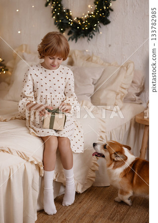 Caucasian girl opening gift on beige bed with corgi in cozy holiday room 133782985