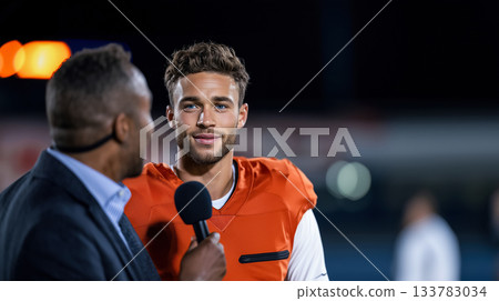 A sports reporter interviews a football player... - Stock Illustration ...