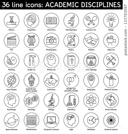 Academic Disciplines Line Icons. Academic Disciplines Icons, Education Line Icons Set for School, College and University Subjects, Science and Humanities Outline Icon Collection 133783097