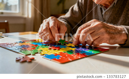 elderly man enthusiastically assembles and plays puzzles, Copy Space for cognitive and fine motor skills support 133783127