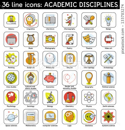 Academic Disciplines Line Icons. Academic Disciplines Icons, Education Line Icons Set for School, College and University Subjects, Science and Humanities Outline Icon Collection 133783274