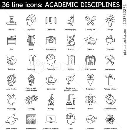 Academic Disciplines Line Icons. Academic Disciplines Icons, Education Line Icons Set for School, College and University Subjects, Science and Humanities Outline Icon Collection 133783278