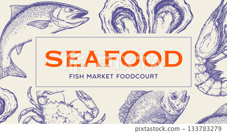 Card, seafood tag, label, symbol sketch. Vintage retro print, seafood sketch, sea life, ink pencil style drawing engrave old school sketch, hand drawn. Sketch artwork seafood. Vector Illustration 133783279