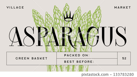 Asparagus, vegetable. Tag, label, sign, vintage retro print, black white asparagus drawing, sketch ink pencil draw, engrave old school style. Sketch artwork silhouette asparagus. Vector Illustration 133783280