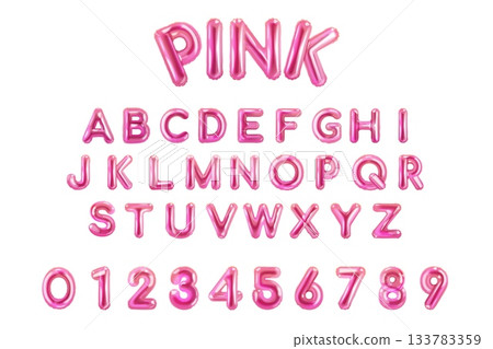 Pink balloon font. 3d bubble gum alphabet, cute glossy effect realistic inflated letters girl baby shower birthday party kid text y2k design, isolated exact vector illustration Pink balloon font. 3d bubble gum alphabet, cute glossy effect realistic inflated letters girl baby shower birthday party kid text y2k design, isolated exact vector illustration 133783359