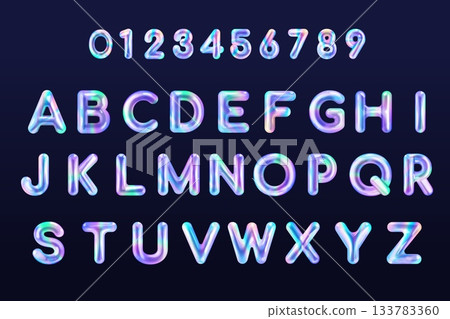Holographic balloon alphabet. Iridescent letters hologram alphabet, 3d inflated text realistic metal liquid bubbles number y2k design typography isolated exact vector illustration Holographic balloon alphabet. Iridescent letters hologram alphabet, 3d inflated text realistic metal liquid bubbles number y2k design typography isolated exact vector illustration 133783360