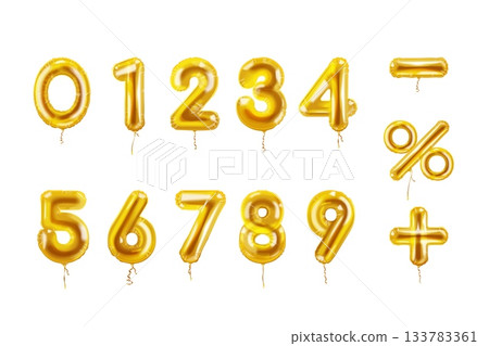 Golden balloon numbers. Realistic balloons numbers, gold foil digit plus percent birthday year party or discount sale business alphabet anniversary text, exact vector illustration 133783361