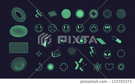 Hud ui icons. Cyberpunk sci fi game y2k elements, tech grid retro futuristic acid design digital abstract shapes grid ring cube urban future cyber pattern set vector illustration 133783371