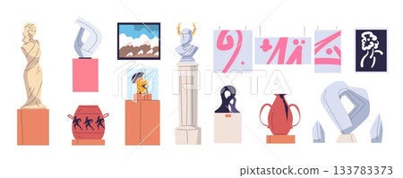 Gallery exhibits. Modern museum contemporary art exposition, historical statues abstract paintings antique sculpture vases artworks famous exhibit set cartoon vector illustration Gallery exhibits. Modern museum contemporary art exposition, historical statues abstract paintings antique sculpture vases artworks famous exhibit set cartoon vector illustration 133783373
