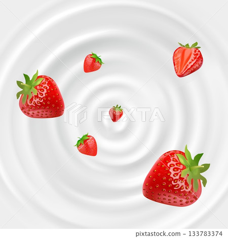 Falling strawberry in milk. Realistic flying straw berry above fall yogurt top view, red berries milkshake advertising background template dairy fruit product vector illustration 133783374