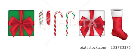 Christmas gifts sweets. Realistic gift box top view, candy cane candies red white green striped stick peppermint lollipop giftbox with ribbon bow 3d isolated vector illustration 133783375