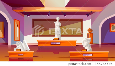 Cartoon museum room. Gallery exhibition interior, ancient greek statue medieval rome sculpture roman marble bust broken vase for wine art painting on wall hall vector illustration Cartoon museum room. Gallery exhibition interior, ancient greek statue medieval rome sculpture roman marble bust broken vase for wine art painting on wall hall vector illustration 133783376