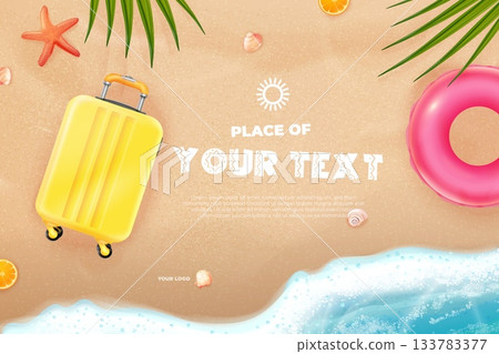 Beach travel banner. Realistic island beach sand top view, sea ocean water on shore tourist baggage inflatable ring palm leaves shells text place template 3d vector illustration Beach travel banner. Realistic island beach sand top view, sea ocean water on shore tourist baggage inflatable ring palm leaves shells text place template 3d vector illustration 133783377
