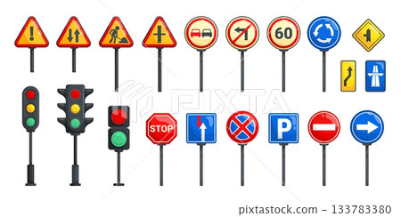 Cartoon traffic elements. Street road rule signs traffic light signals for kids safety rules, car caution and warning stop signal or city signpost set kicky vector illustration Cartoon traffic elements. Street road rule signs traffic light signals for kids safety rules, car caution and warning stop signal or city signpost set kicky vector illustration 133783380