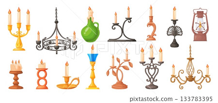 Cartoon candlesticks. Vintage candelabrum, golden brass candlestick chandelier antique lamp stand candle holder retro lantern candelabra victorian interior neat vector illustration 133783395