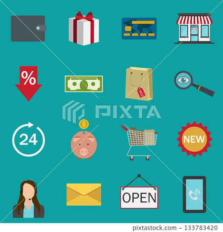 Ecommerce Shopping Icons Set. Wallet, Gift Box, Credit Card, Store, Discount Arrow, Money, Shopping Bag, Magnifier, 24 Service, Piggy Bank, Cart, New Label, Customer Support, Open Sign 133783420