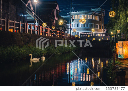 Enjoying the cool evening breeze along the Onogawa River with bamboo lanterns, the townscape of Sawara, and swans Enjoying the cool evening breeze along the Onogawa River with bamboo lanterns, the townscape of Sawara, and swans 133783477