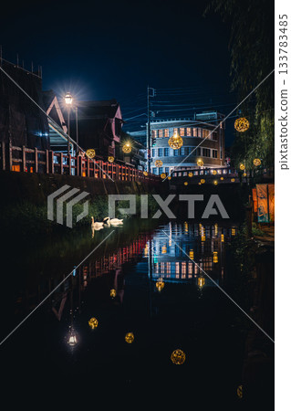Enjoying the cool evening breeze along the Onogawa River with bamboo lanterns, the townscape of Sawara, and swans Enjoying the cool evening breeze along the Onogawa River with bamboo lanterns, the townscape of Sawara, and swans 133783485