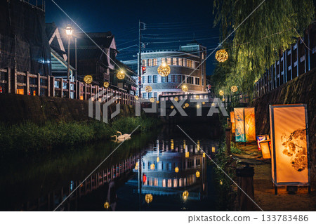 Enjoying the cool evening breeze along the Onogawa River with bamboo lanterns, the townscape of Sawara, and swans Enjoying the cool evening breeze along the Onogawa River with bamboo lanterns, the townscape of Sawara, and swans 133783486