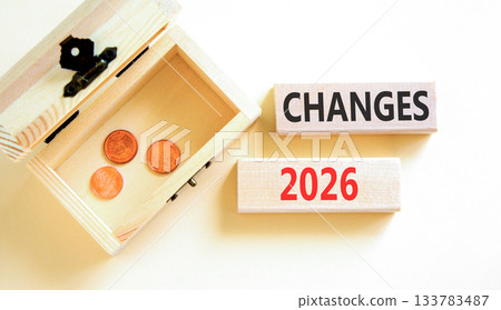 Changes 2026 symbol. Concept words Changes 2026 on beautiful wooden blocks. Beautiful white paper background. Beautiful wooden chest with coins. Business and changes 2026 concept. Copy space. 133783487