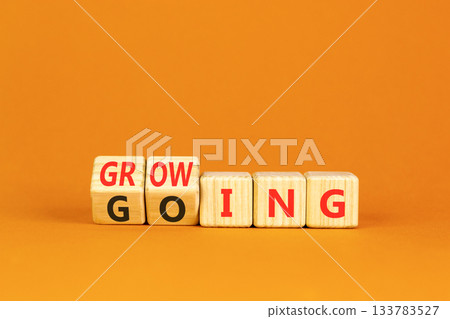 Going and growing symbol. Concept words Going Growing on beautiful wooden blocks. Beautiful orange background. Business going and growing concept. Copy space. Going and growing symbol. Concept words Going Growing on beautiful wooden blocks. Beautiful orange background. Business going and growing concept. Copy space. 133783527