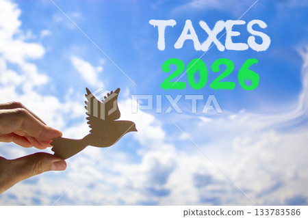 Taxes 2026 new year symbol. Concept words Taxes 2026 on beautiful blue sky. Beautiful blue sky background. Businessman's hand holds wooden bird. Business and taxes 2026 new year concept. Copy space. Taxes 2026 new year symbol. Concept words Taxes 2026 on beautiful blue sky. Beautiful blue sky background. Businessman's hand holds wooden bird. Business and taxes 2026 new year concept. Copy space. 133783586