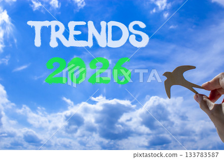 Trends 2026 new year symbol. Concept words Trends 2026 on beautiful blue sky. Beautiful blue sky background. Businessman's hand holds wooden bird. Business and Trends 2026 new year concept. Copy space 133783587