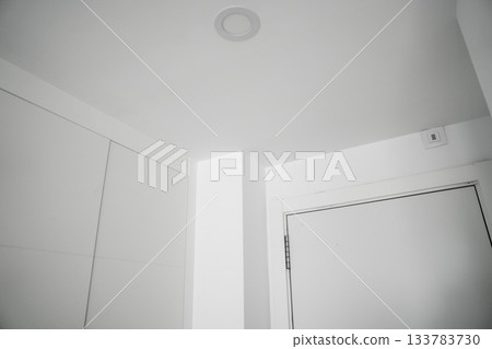 Modern minimalist white ceiling and door with geometric composition and soft light 133783730