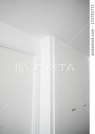 Minimalist white hallway with modern built-in wardrobe and simple geometric lines 133783731