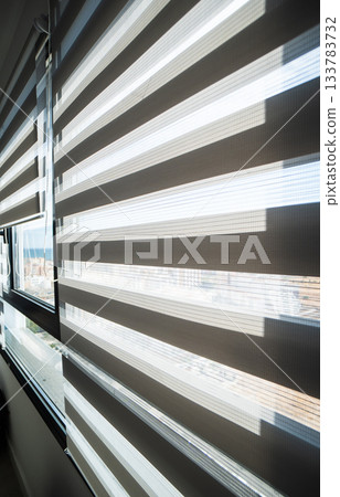 Sunlight passing through zebra blinds in bright modern interior with panoramic view 133783732