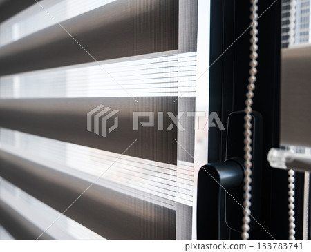 Modern zebra roller blinds with sunlight filtering through window in minimalist interior 133783741