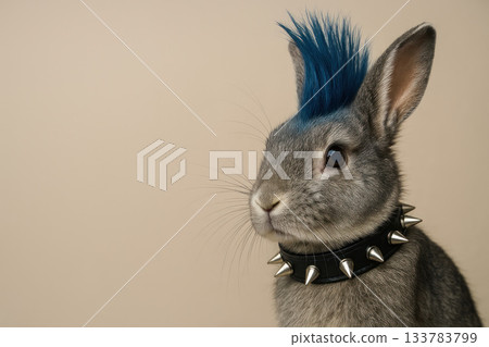 A rabbit with a blue mohawk and a leather collar with spikes. Space for text. A rabbit with a blue mohawk and a leather collar with spikes. Space for text. 133783799