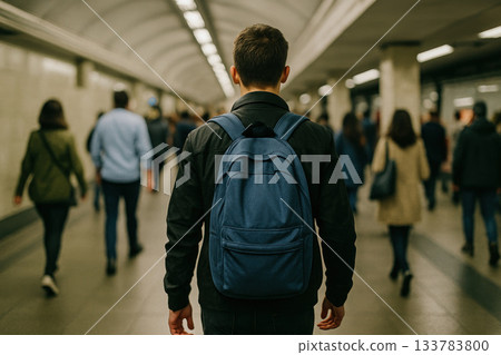A man with a backpack walks through a crowded subway tunnel. A man with a backpack walks through a crowded subway tunnel. 133783800