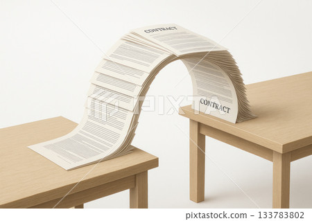 A bridge made of paper contracts connecting two wooden tables. A bridge made of paper contracts connecting two wooden tables. 133783802