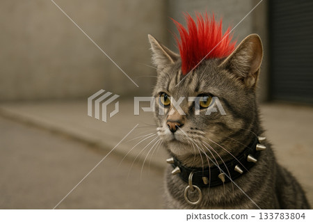 A cat with a red mohawk and a spiked collar on the street. Space for text. A cat with a red mohawk and a spiked collar on the street. Space for text. 133783804