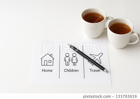 A sheet with the division of the budget: home, children, travel. Space for text. A sheet with the division of the budget: home, children, travel. Space for text. 133783819