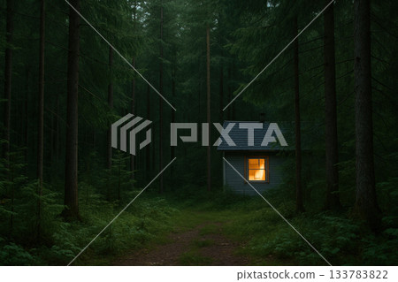 A lonely house in a dark dense forest with a burning window. 133783822