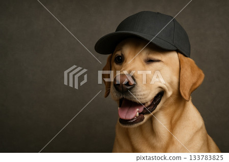A Labrador in a cap winks in front of the studio. Space for text. A Labrador in a cap winks in front of the studio. Space for text. 133783825