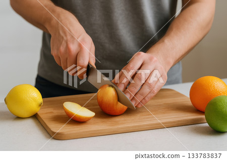 A man is cutting an apple on a wooden board next to the fruit. A man is cutting an apple on a wooden board next to the fruit. 133783837