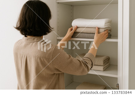 A woman neatly lays out folded towels on a shelf. A woman neatly lays out folded towels on a shelf. 133783844