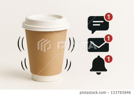 A glass of coffee with vibration and notification icons. A glass of coffee with vibration and notification icons. 133783846