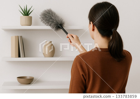 A woman wipes the dust on a shelf. 133783859