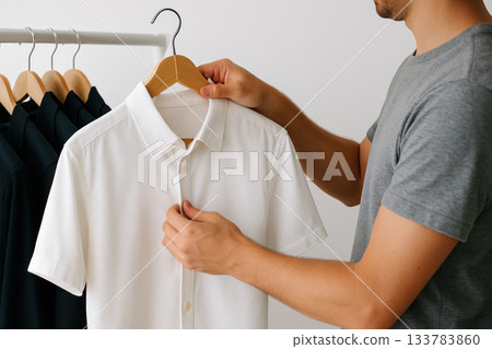 A man chooses a white shirt on a hanger. A man chooses a white shirt on a hanger. 133783860