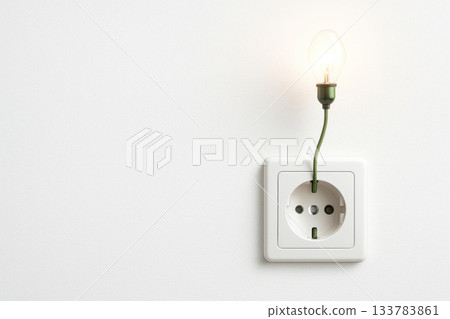 A light bulb connected to the outlet with a green wire. Space for text. 133783861