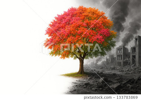 A bright autumn tree against the background of a ruined city. Space for text. A bright autumn tree against the background of a ruined city. Space for text. 133783869