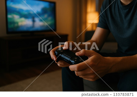 Man playing with gamepad in front of TV. Man playing with gamepad in front of TV. 133783871