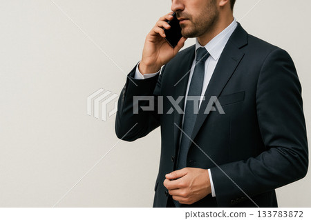 Business man in suit talking on smartphone. Space for text. Business man in suit talking on smartphone. Space for text. 133783872