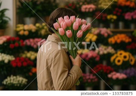 A man holds a bouquet of pink tulips in a flower shop. A man holds a bouquet of pink tulips in a flower shop. 133783875